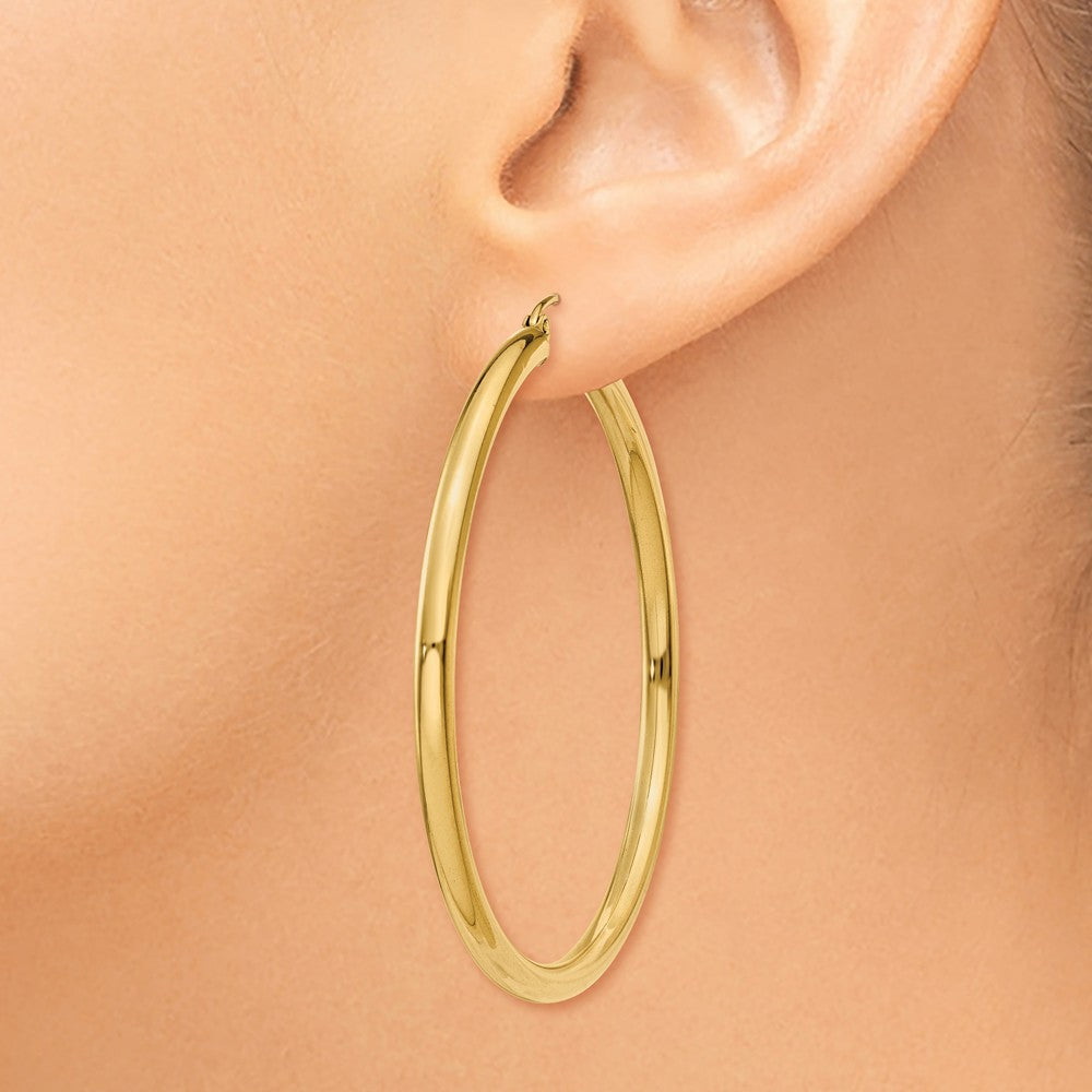 Alternate view of the 3mm, 14k Yellow Gold Classic Round Hoop Earrings, 50mm (1 7/8 Inch) by The Black Bow Jewelry Co.