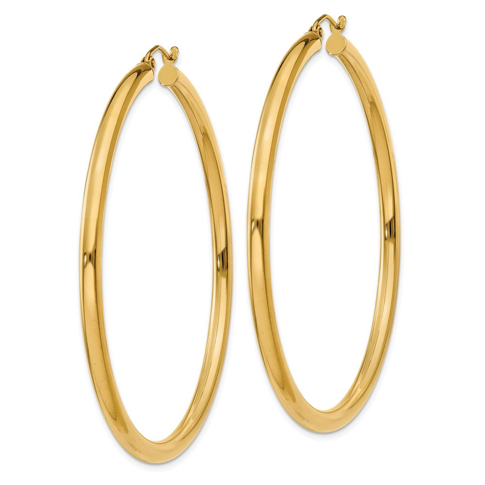 Alternate view of the 3mm, 14k Yellow Gold Classic Round Hoop Earrings, 55mm (2 1/8 Inch) by The Black Bow Jewelry Co.