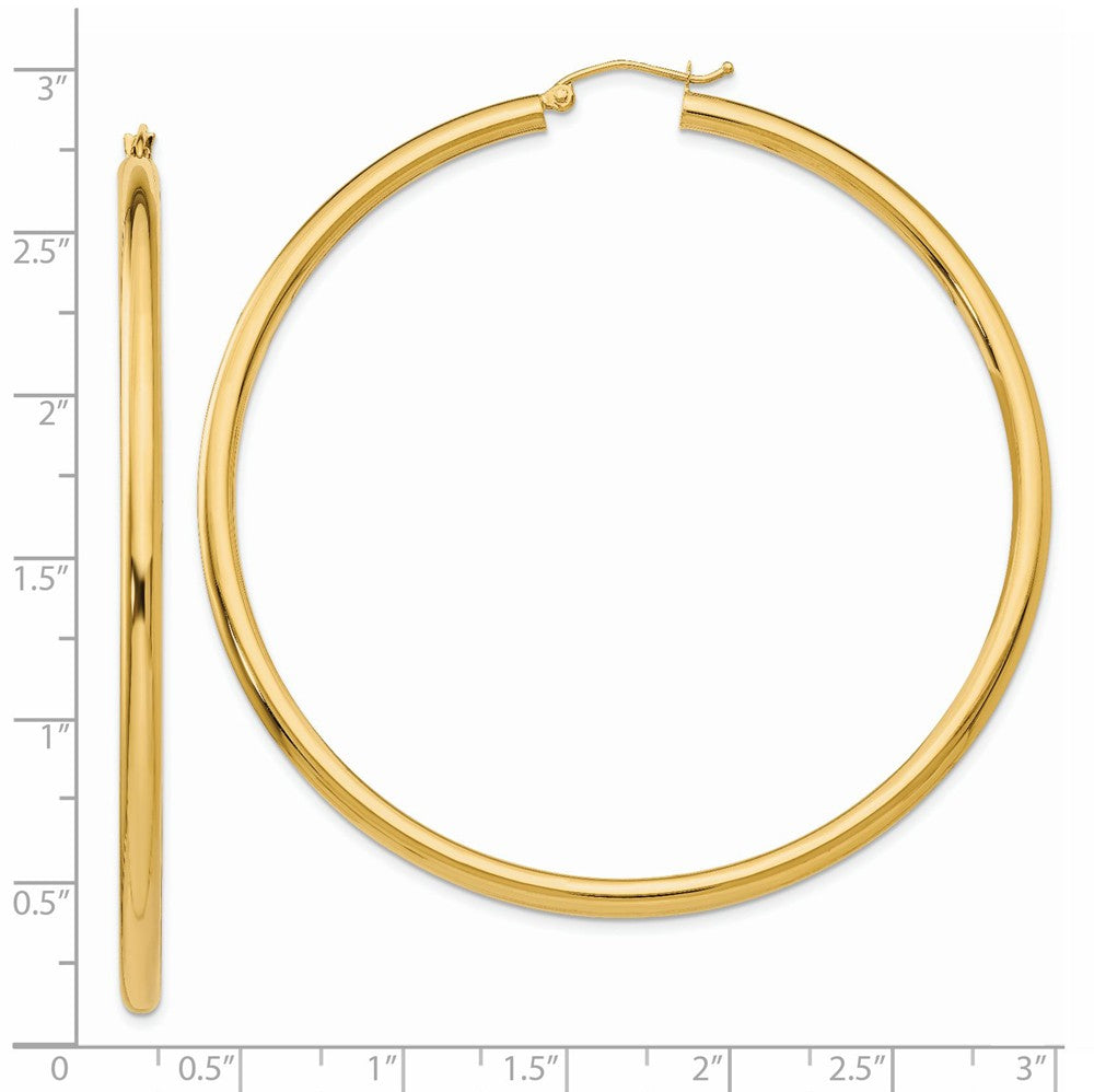 Alternate view of the 3mm, 14k Yellow Gold Classic Round Hoop Earrings, 65mm (2 1/2 Inch) by The Black Bow Jewelry Co.