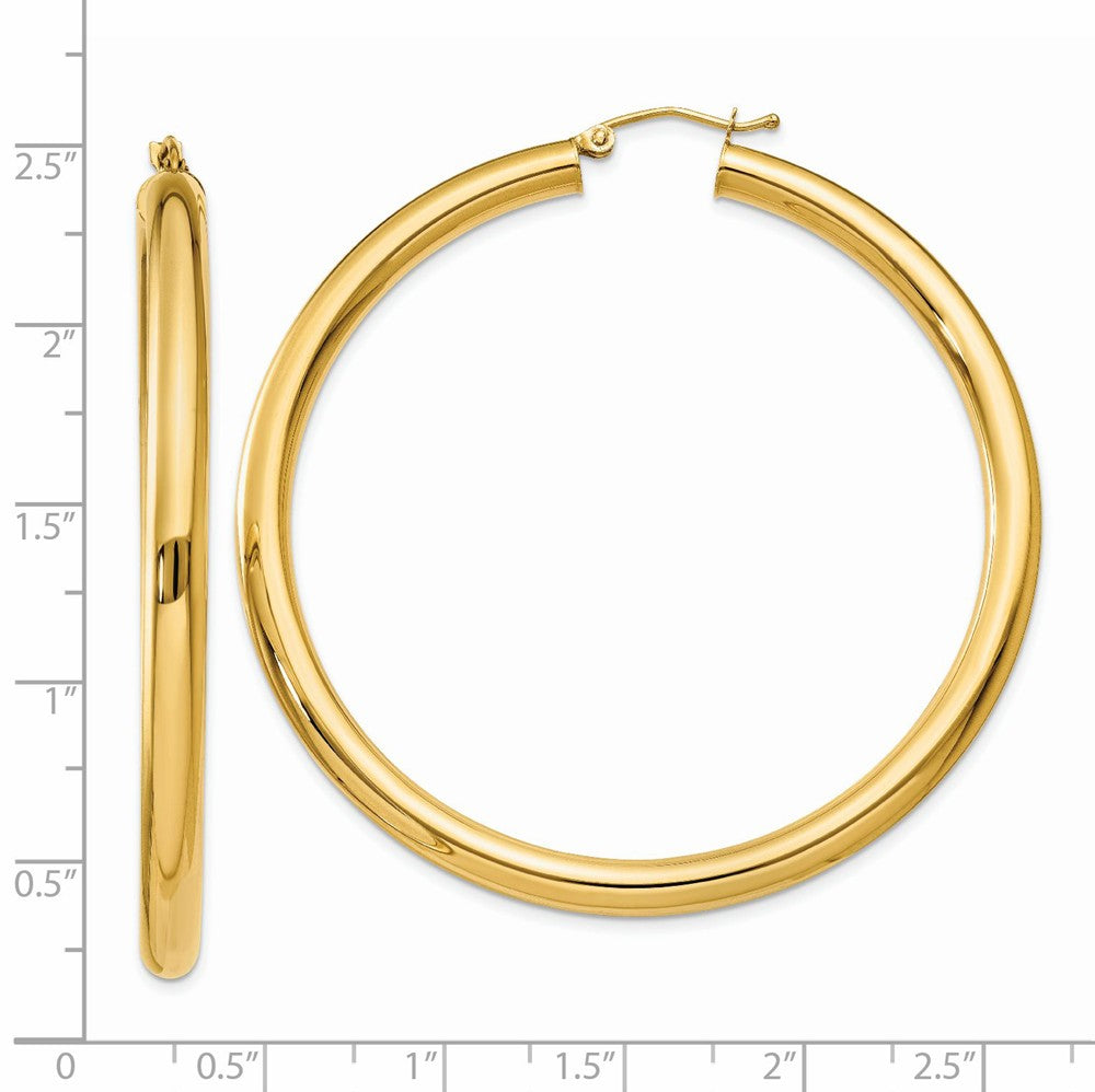 Alternate view of the 4mm, 14k Yellow Gold Classic Round Hoop Earrings, 55mm (2 1/8 Inch) by The Black Bow Jewelry Co.