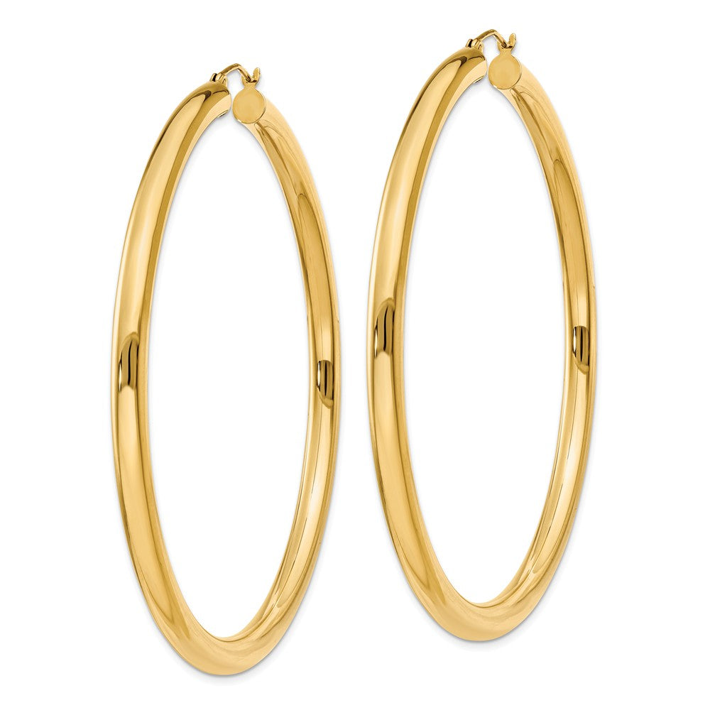 Alternate view of the 4mm, 14k Yellow Gold Classic Round Hoop Earrings, 65mm (2 1/2 Inch) by The Black Bow Jewelry Co.