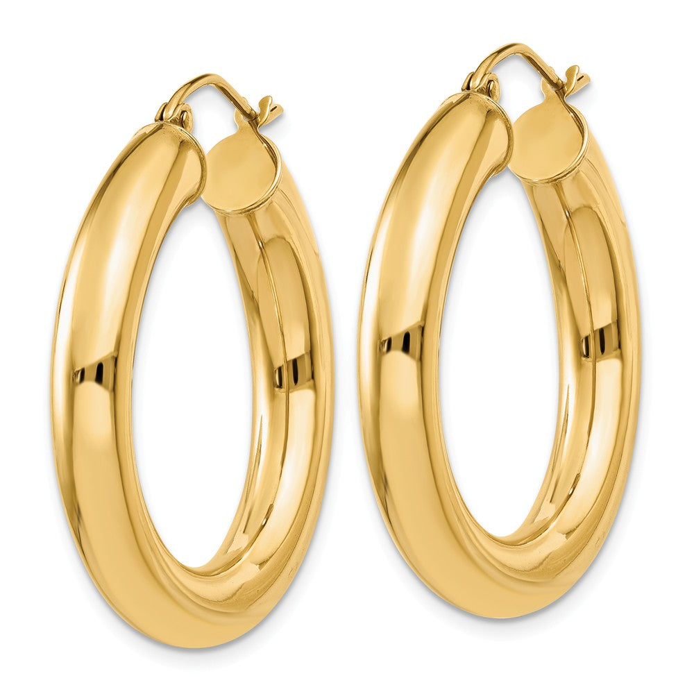 Alternate view of the 5mm, 14k Yellow Gold Classic Round Hoop Earrings, 30mm (1 1/8 Inch) by The Black Bow Jewelry Co.
