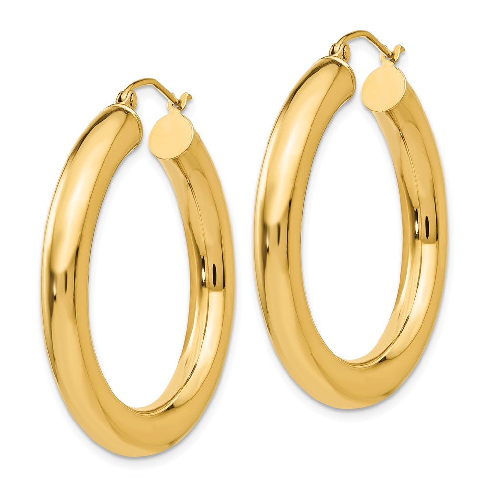 Alternate view of the 5mm, 14k Yellow Gold Classic Round Hoop Earrings, 35mm (1 3/8 Inch) by The Black Bow Jewelry Co.