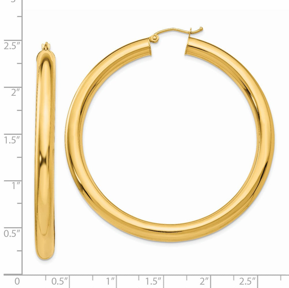 Alternate view of the 5mm, 14k Yellow Gold Classic Round Hoop Earrings, 55mm (2 1/8 Inch) by The Black Bow Jewelry Co.