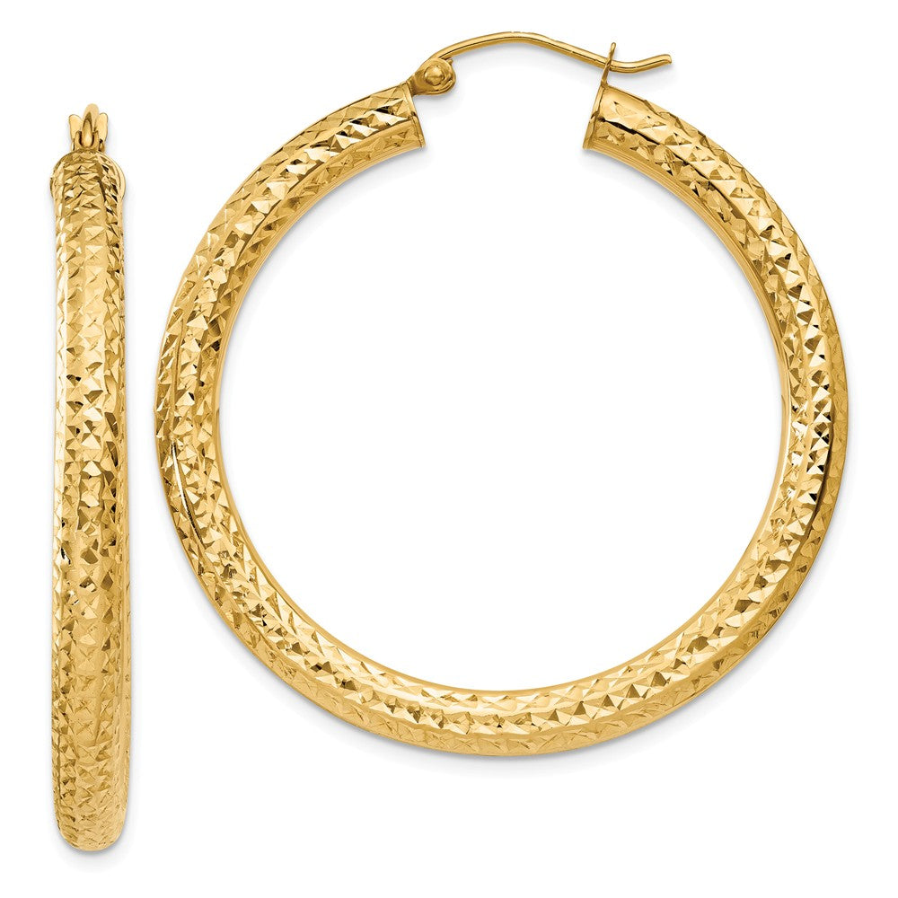 4mm, 14k Yellow Gold Diamond-cut Hoops, 40mm (1 1/2 Inch), Item E9408-40 by The Black Bow Jewelry Co.