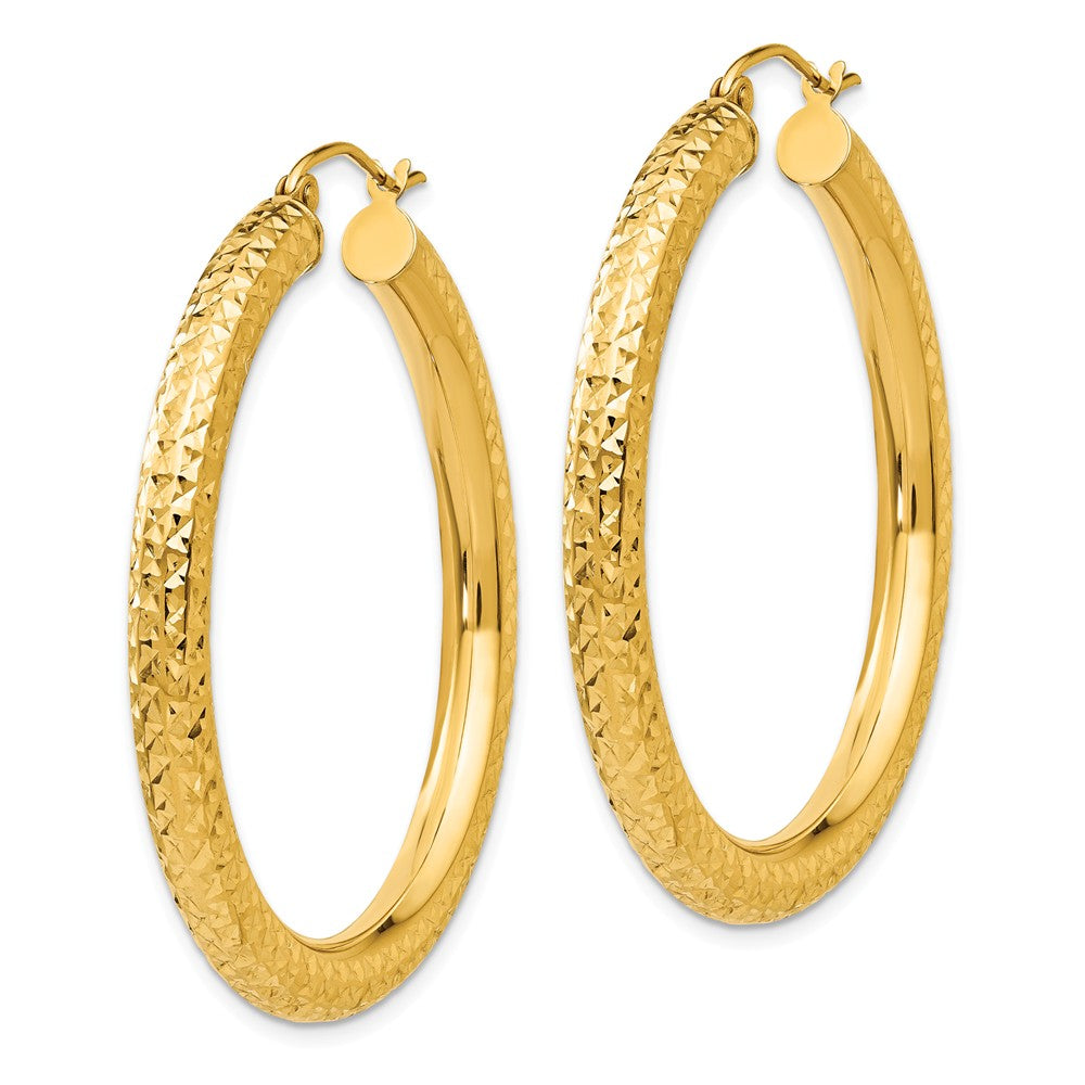 Alternate view of the 4mm, 14k Yellow Gold Diamond-cut Hoops, 40mm (1 1/2 Inch) by The Black Bow Jewelry Co.