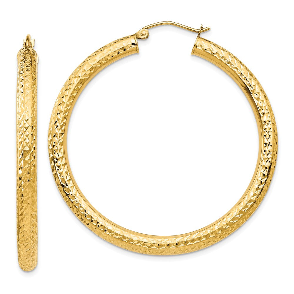 4mm, 14k Yellow Gold Diamond-cut Hoops, 45mm (1 3/4 Inch), Item E9408-45 by The Black Bow Jewelry Co.