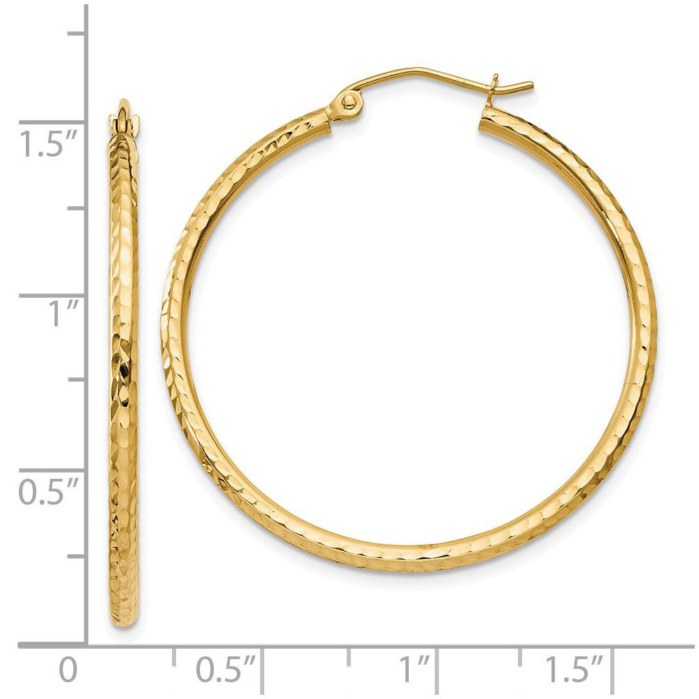 Alternate view of the 2mm, 14k Yellow Gold Diamond-cut Hoops, 35mm (1 3/8 Inch) by The Black Bow Jewelry Co.
