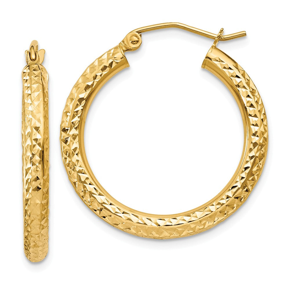 3mm, 14k Yellow Gold Diamond-cut Hoops, 25mm (1 Inch), Item E9418-25 by The Black Bow Jewelry Co.