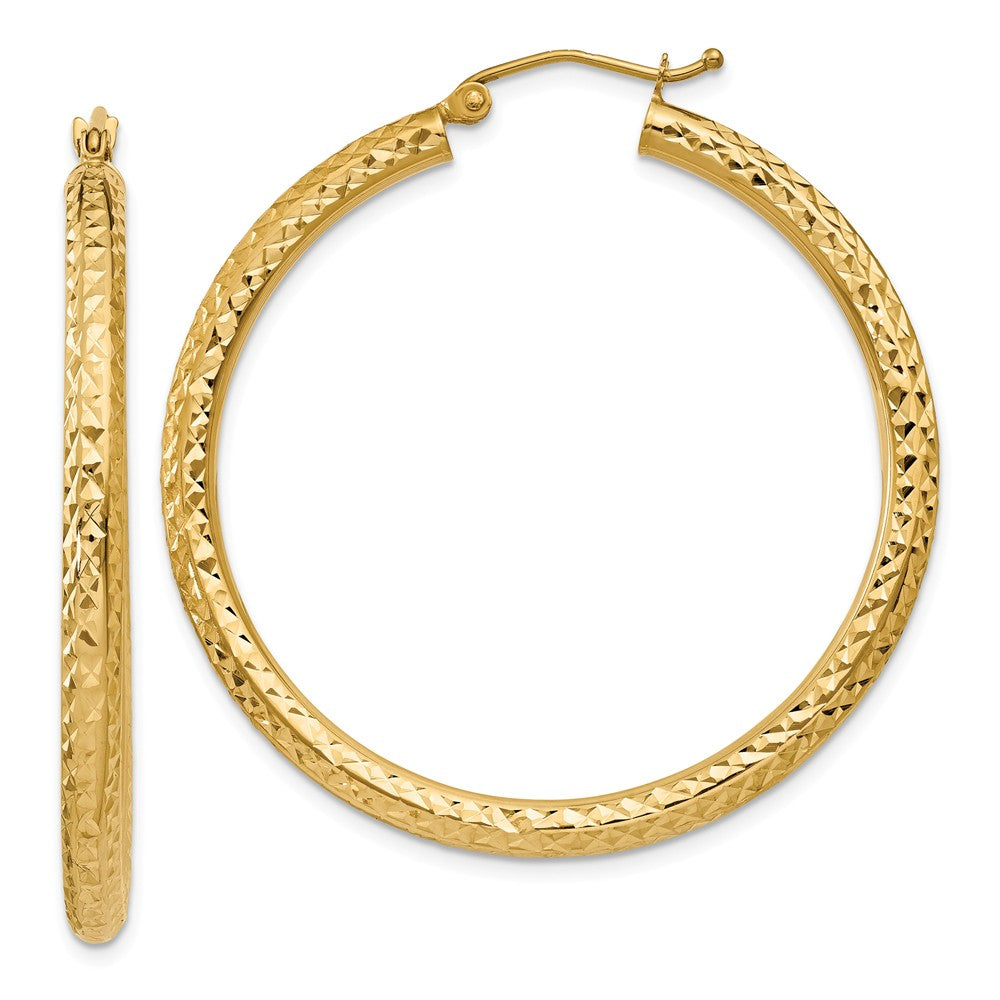 3mm, 14k Yellow Gold Diamond-cut Hoops, 40mm (1 1/2 Inch), Item E9419-40 by The Black Bow Jewelry Co.