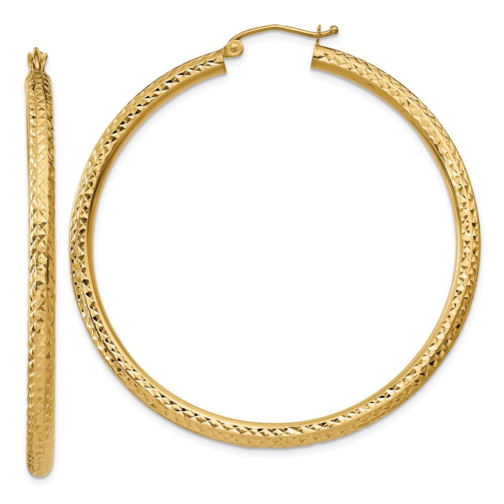 3mm, 14k Yellow Gold Diamond-cut Hoops, 50mm (1 7/8 Inch), Item E9419-50 by The Black Bow Jewelry Co.