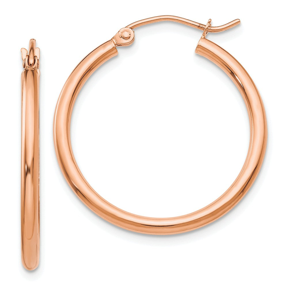 2mm, 14k Rose Gold Polished Round Hoop Earrings, 25mm (1 Inch), Item E9422-25 by The Black Bow Jewelry Co.