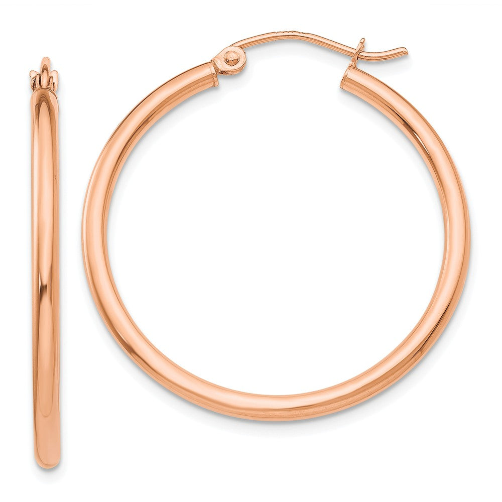 2mm, 14k Rose Gold Polished Round Hoop Earrings, 30mm (1 1/8 Inch), Item E9422-30 by The Black Bow Jewelry Co.