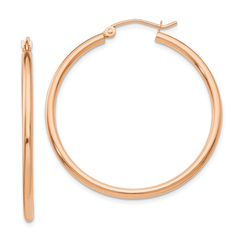 2mm, 14k Rose Gold Polished Round Hoop Earrings, 35mm (1 3/8 Inch), Item E9423-35 by The Black Bow Jewelry Co.