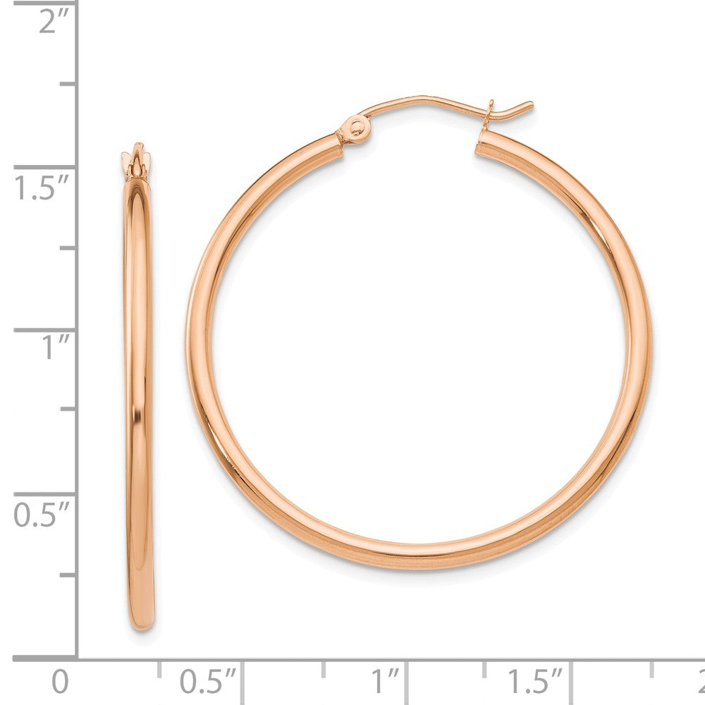 Alternate view of the 2mm, 14k Rose Gold Polished Round Hoop Earrings, 35mm (1 3/8 Inch) by The Black Bow Jewelry Co.