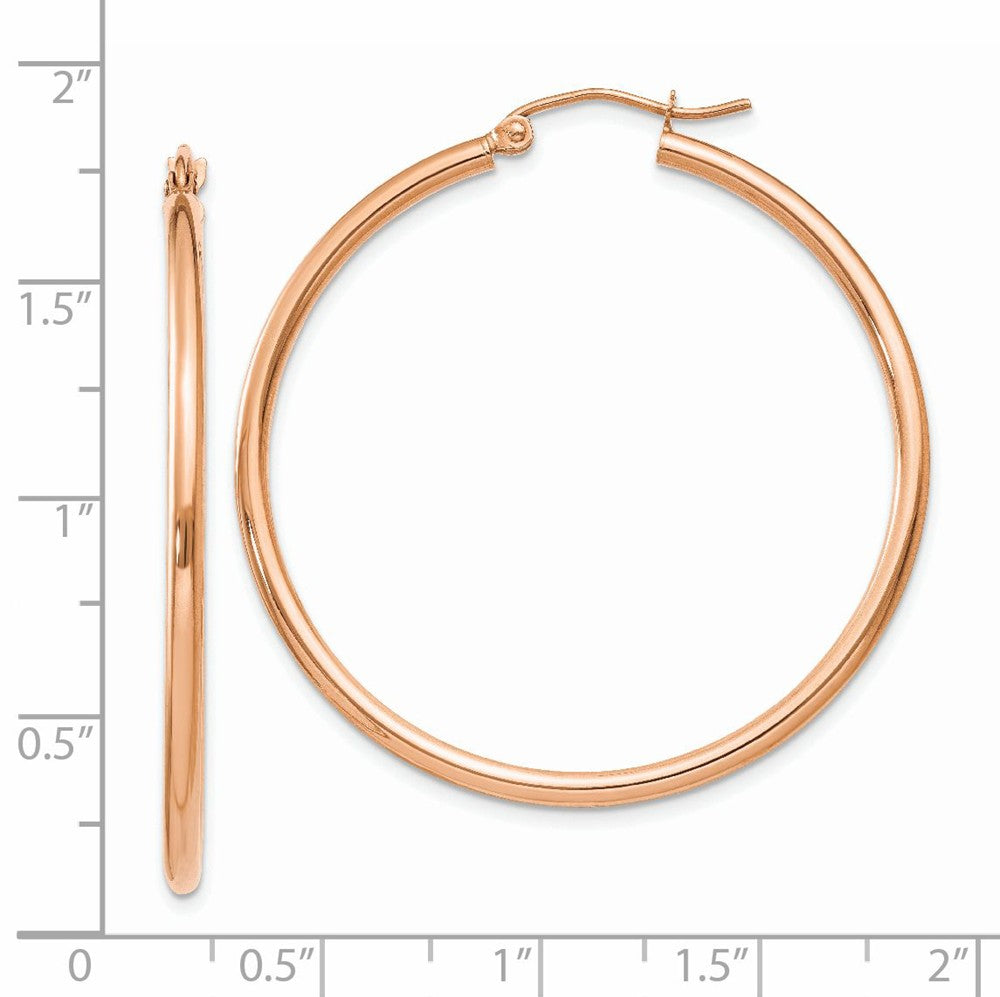 Alternate view of the 2mm, 14k Rose Gold Polished Round Hoop Earrings, 40mm (1 1/2 Inch) by The Black Bow Jewelry Co.