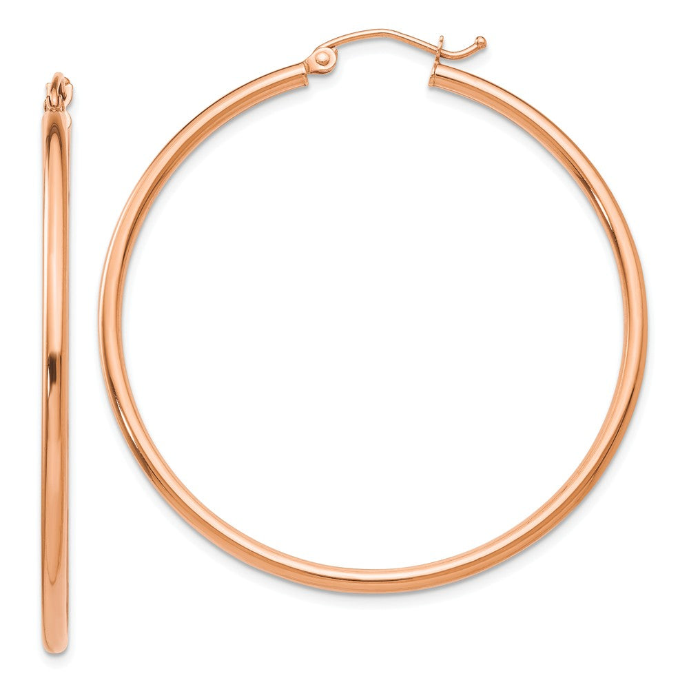 2mm, 14k Rose Gold Polished Round Hoop Earrings, 45mm (1 3/4 Inch), Item E9423-45 by The Black Bow Jewelry Co.