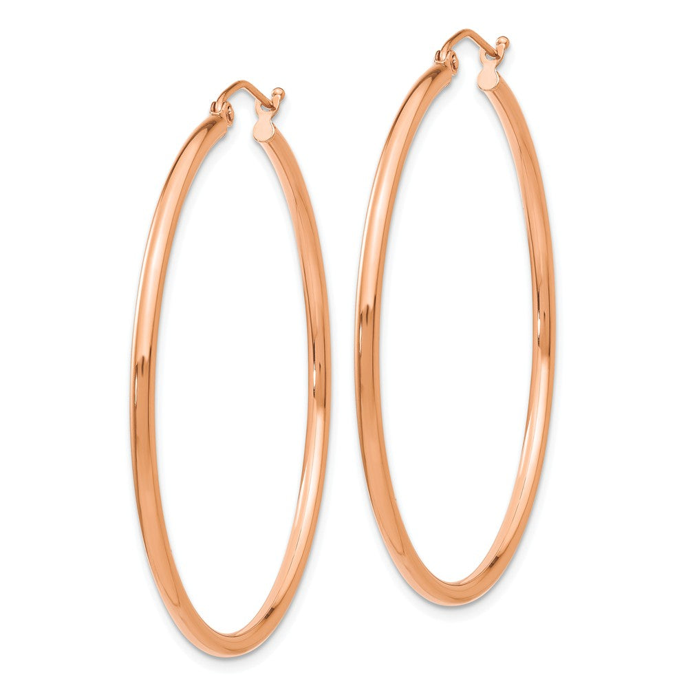 Alternate view of the 2mm, 14k Rose Gold Polished Round Hoop Earrings, 45mm (1 3/4 Inch) by The Black Bow Jewelry Co.