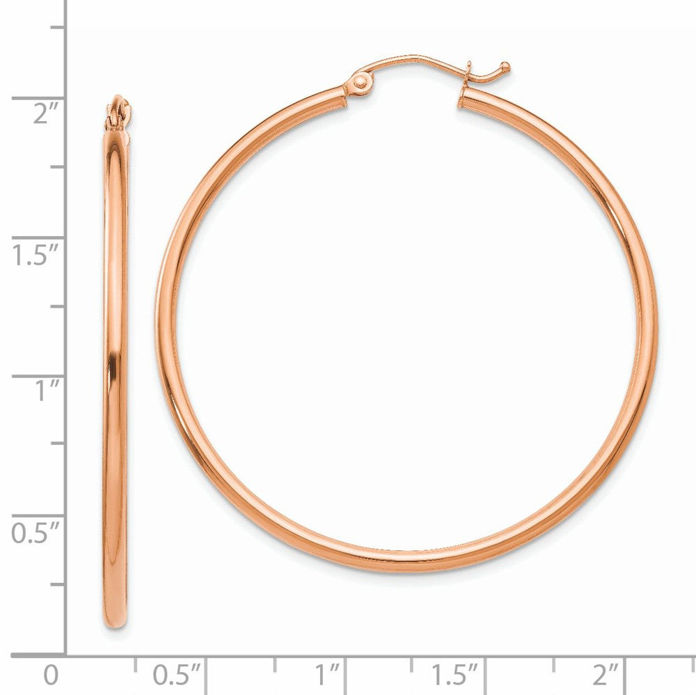 Alternate view of the 2mm, 14k Rose Gold Polished Round Hoop Earrings, 45mm (1 3/4 Inch) by The Black Bow Jewelry Co.