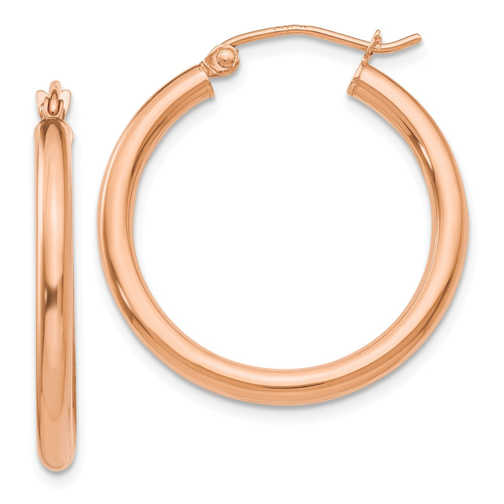 2.5mm, 14k Rose Gold Polished Round Hoop Earrings, 25mm (1 Inch), Item E9424-25 by The Black Bow Jewelry Co.