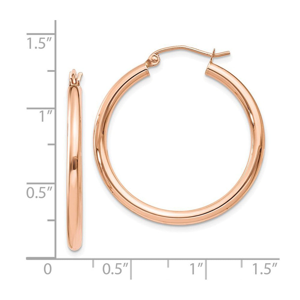 Alternate view of the 2.5mm, 14k Rose Gold Polished Round Hoop Earrings, 30mm (1 1/8 Inch) by The Black Bow Jewelry Co.