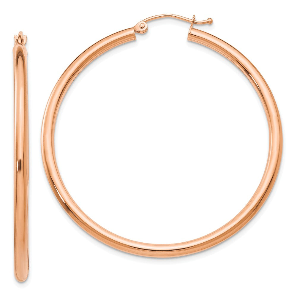 2.5mm, 14k Rose Gold Polished Round Hoop Earrings, 45mm (1 3/4 Inch), Item E9425-45 by The Black Bow Jewelry Co.