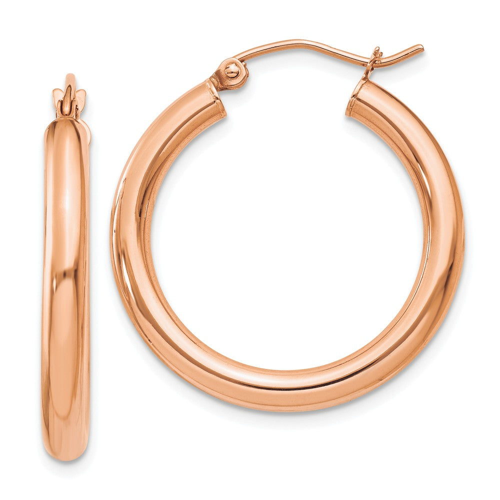 3mm, 14k Rose Gold Polished Round Hoop Earrings, 25mm (1 Inch), Item E9426-25 by The Black Bow Jewelry Co.