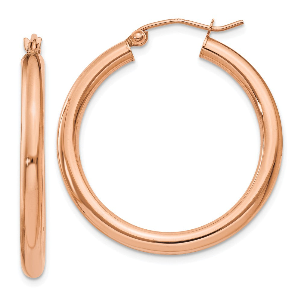 3mm, 14k Rose Gold Polished Round Hoop Earrings, 30mm (1 1/8 Inch), Item E9426-30 by The Black Bow Jewelry Co.