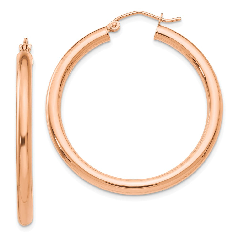 3mm, 14k Rose Gold Polished Round Hoop Earrings, 35mm (1 3/8 Inch), Item E9427-35 by The Black Bow Jewelry Co.