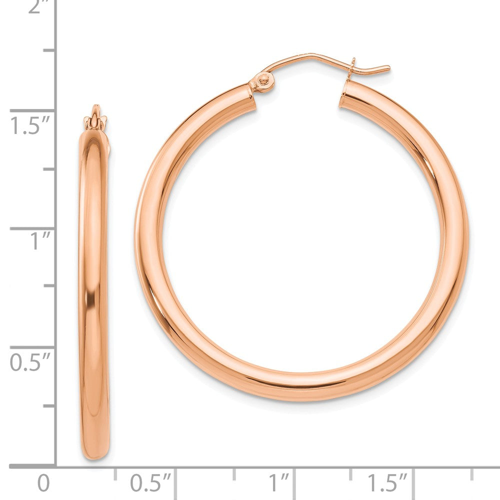 Alternate view of the 3mm, 14k Rose Gold Polished Round Hoop Earrings, 35mm (1 3/8 Inch) by The Black Bow Jewelry Co.