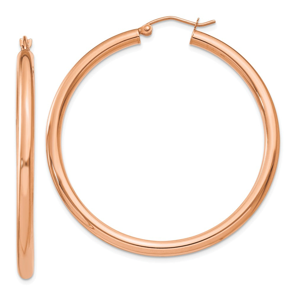 3mm, 14k Rose Gold Polished Round Hoop Earrings, 45mm (1 3/4 Inch), Item E9427-45 by The Black Bow Jewelry Co.