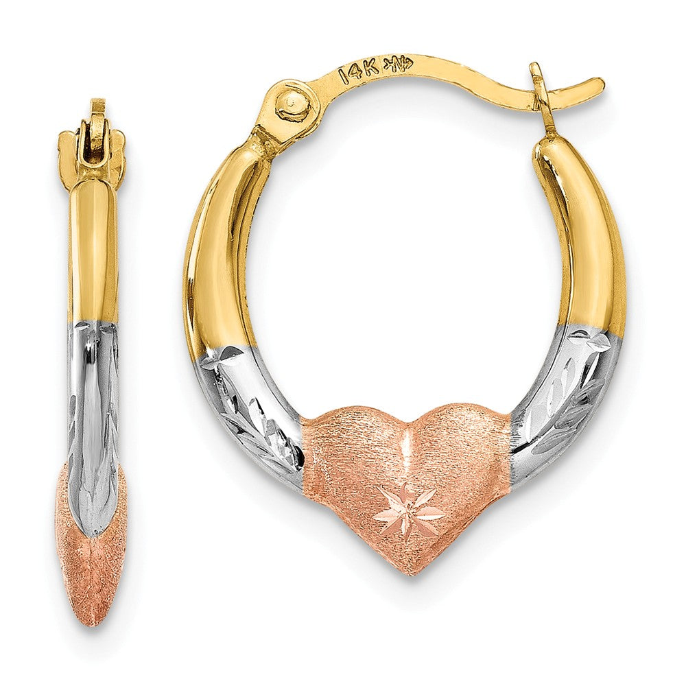 Tri-Color Heart and Diamond-cut Hoops in 14k Yellow Gold, 13mm, Item E9476 by The Black Bow Jewelry Co.