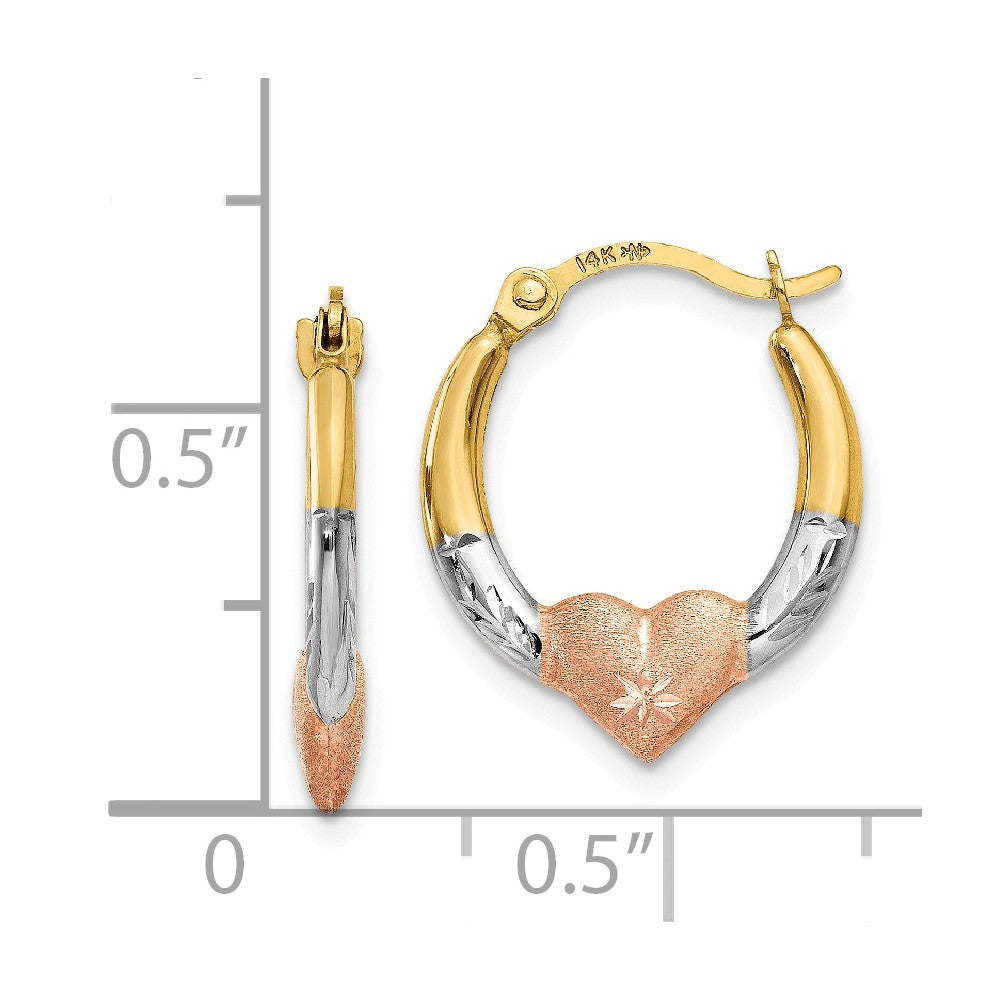 Alternate view of the Tri-Color Heart and Diamond-cut Hoops in 14k Yellow Gold, 13mm by The Black Bow Jewelry Co.