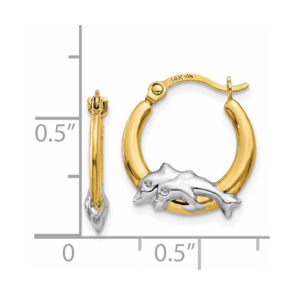 Alternate view of the 15mm Dolphin Round Hoop Earrings in 14k Yellow Gold and Rhodium by The Black Bow Jewelry Co.