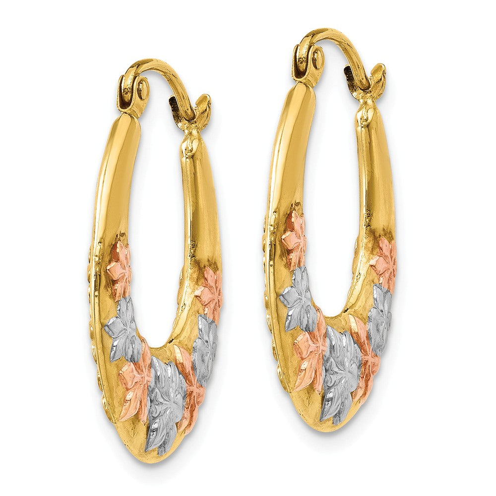 Alternate view of the Tri-Color Floral Hoop Earrings in 14k Yellow Gold and Rhodium by The Black Bow Jewelry Co.