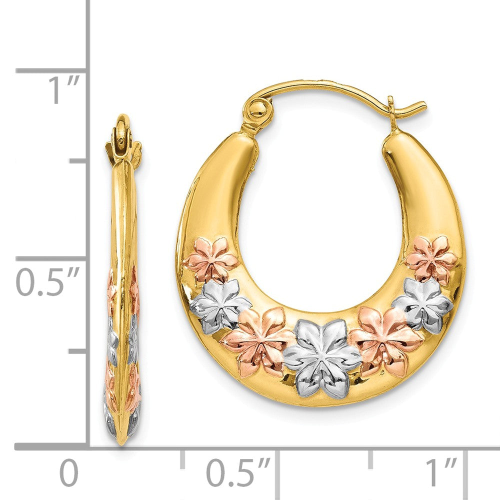 Alternate view of the Tri-Color Floral Hoop Earrings in 14k Yellow Gold and Rhodium by The Black Bow Jewelry Co.