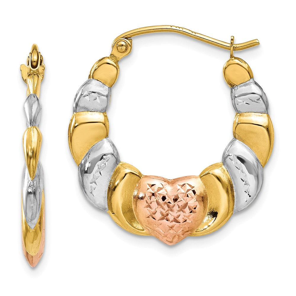 Tri-Color Scalloped Heart Hoops in 14k Yellow Gold and Rhodium, Item E9480 by The Black Bow Jewelry Co.