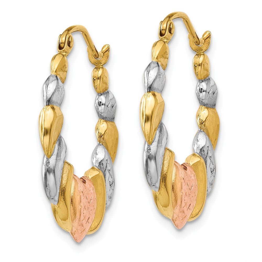 Alternate view of the Tri-Color Scalloped Heart Hoops in 14k Yellow Gold and Rhodium by The Black Bow Jewelry Co.