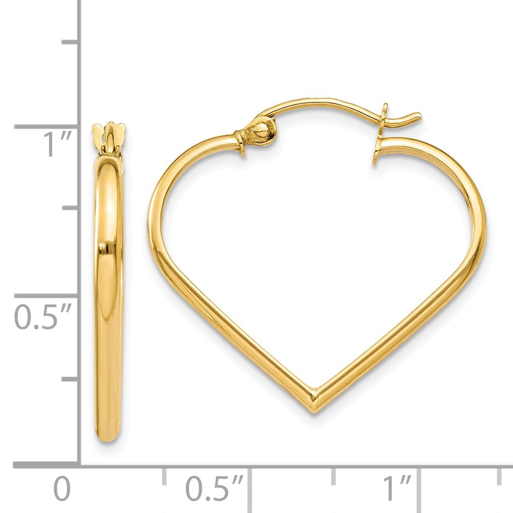 Alternate view of the 2mm, 14k Yellow Gold Heart Hoop Earrings by The Black Bow Jewelry Co.