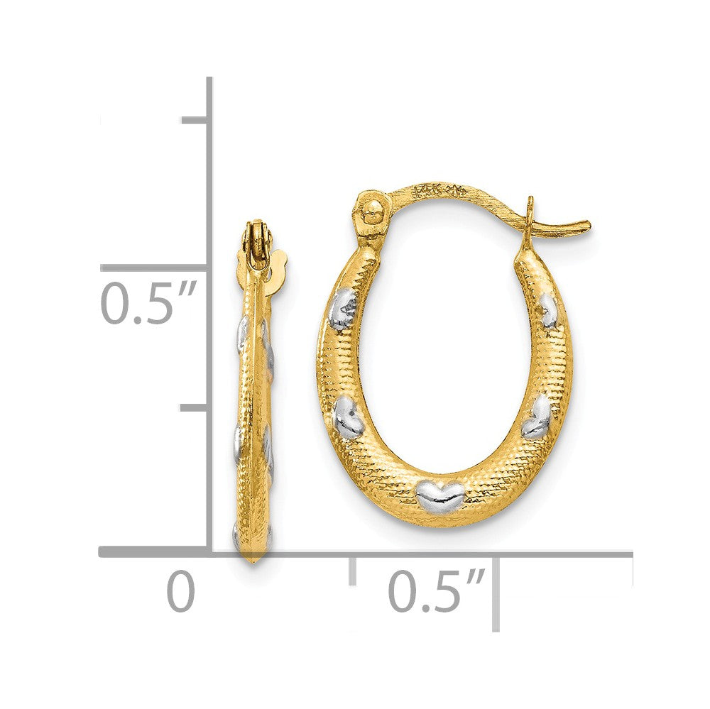 Alternate view of the Textured Oval Hoops with Rhodium Accent Hearts in 14k Yellow Gold by The Black Bow Jewelry Co.
