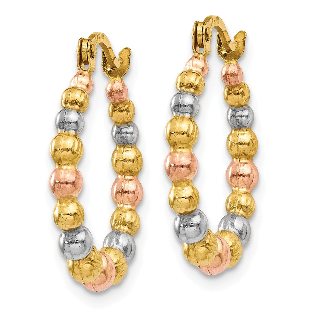 Alternate view of the Tri-Color Beaded Round Hoop Earrings in 14k Yellow Gold and Rhodium by The Black Bow Jewelry Co.