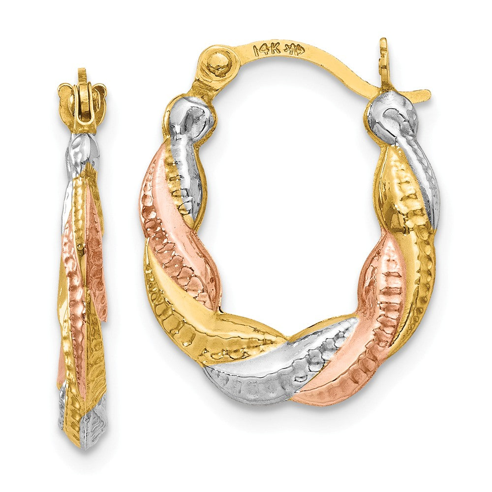 Tri-Color Twisted Hoops in 14k Yellow Gold with White and Rose Rhodium, Item E9495 by The Black Bow Jewelry Co.