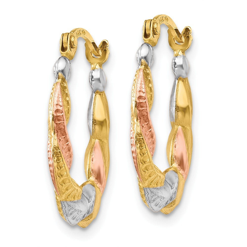 Alternate view of the Tri-Color Twisted Hoops in 14k Yellow Gold with White and Rose Rhodium by The Black Bow Jewelry Co.