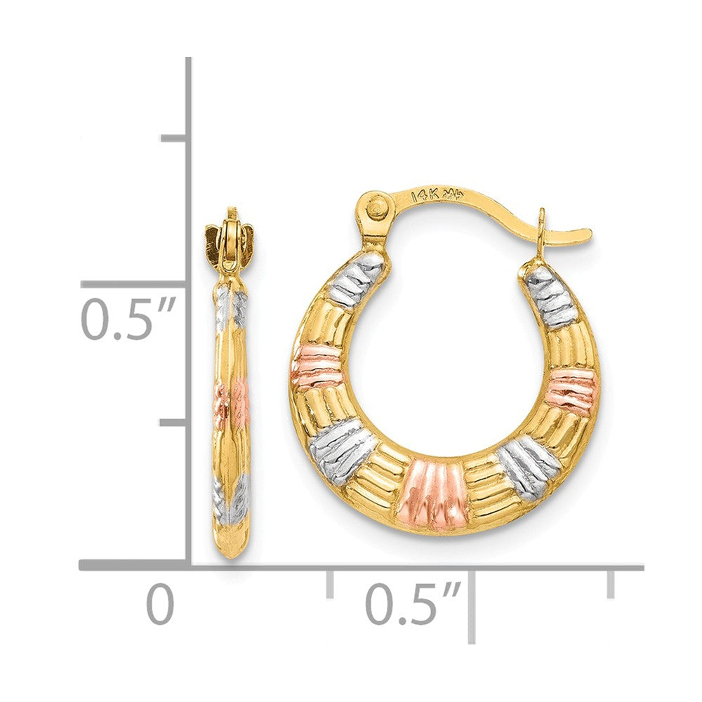 Alternate view of the Textured Round Hoops in 14k Yellow Gold with White and Rose Rhodium by The Black Bow Jewelry Co.