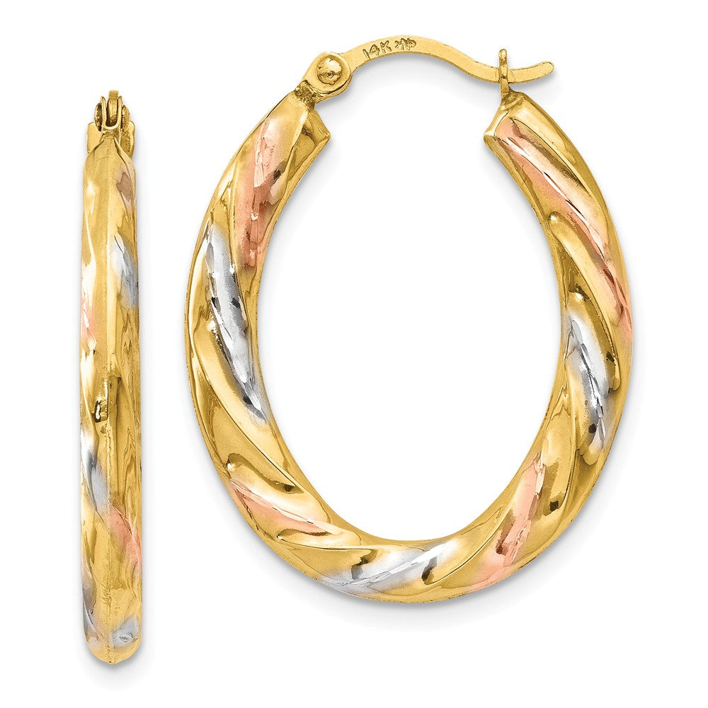 3-Color Hollow Oval Hoops in 14k Yellow Gold w/ White and Rose Rhodium, Item E9504 by The Black Bow Jewelry Co.