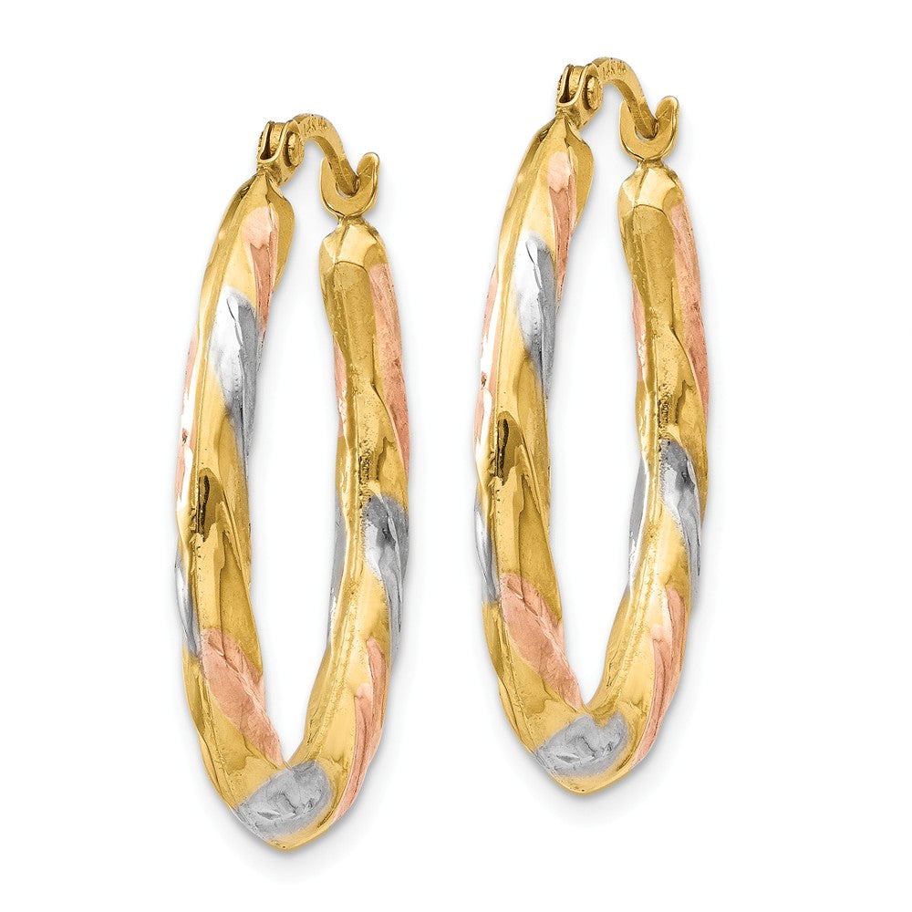 Alternate view of the 3-Color Hollow Oval Hoops in 14k Yellow Gold w/ White and Rose Rhodium by The Black Bow Jewelry Co.