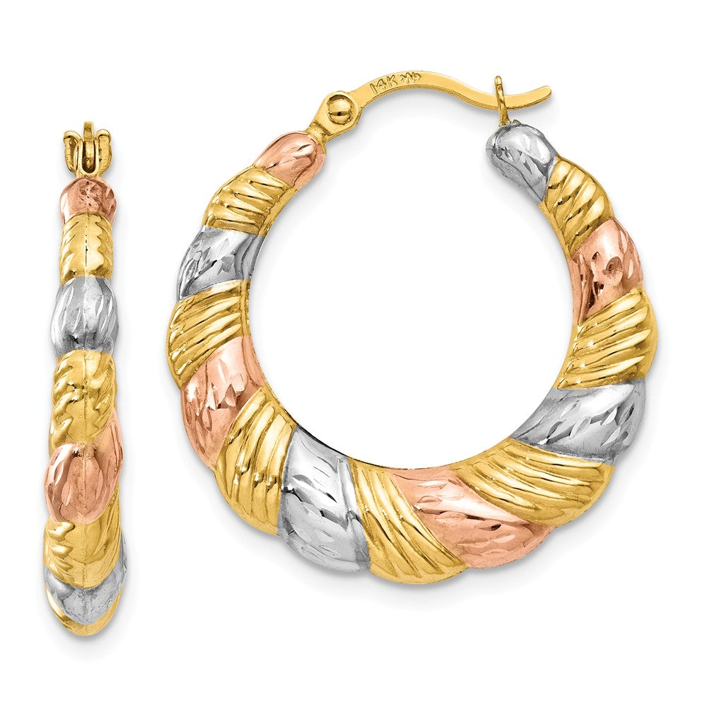 Tri-Color Scalloped Puffed Hoops in 14k Yellow Gold and Rhodium, Item E9505 by The Black Bow Jewelry Co.