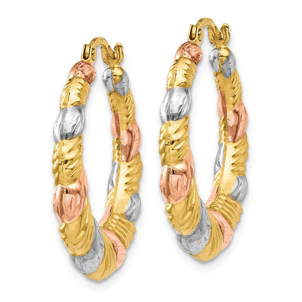 Alternate view of the Tri-Color Scalloped Puffed Hoops in 14k Yellow Gold and Rhodium by The Black Bow Jewelry Co.