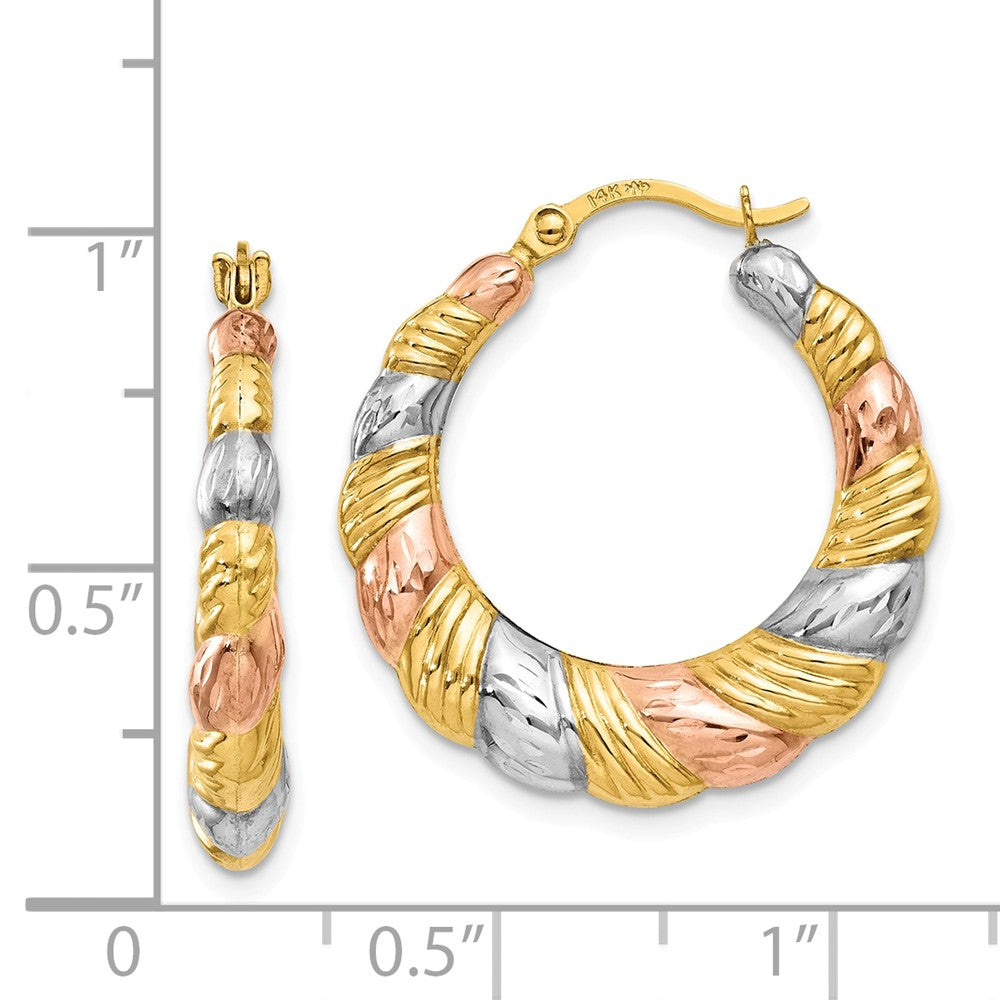 Alternate view of the Tri-Color Scalloped Puffed Hoops in 14k Yellow Gold and Rhodium by The Black Bow Jewelry Co.