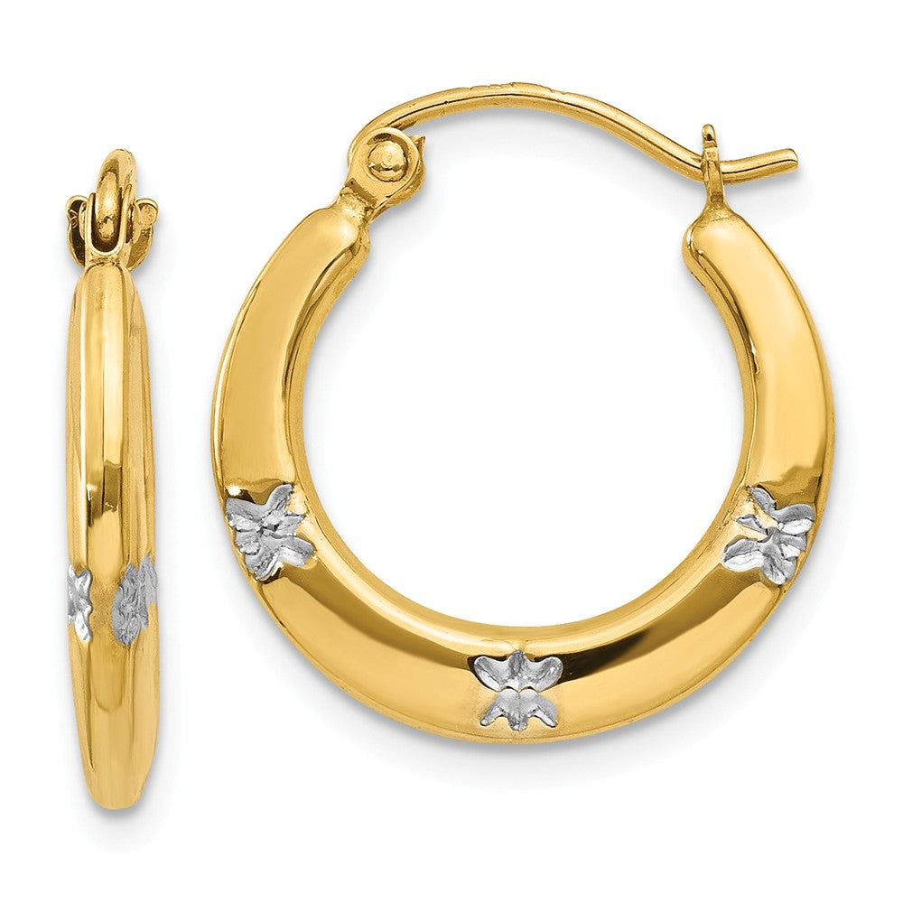 Floral Round Hoop Earrings in 14k Yellow Gold and Rhodium, Item E9510 by The Black Bow Jewelry Co.